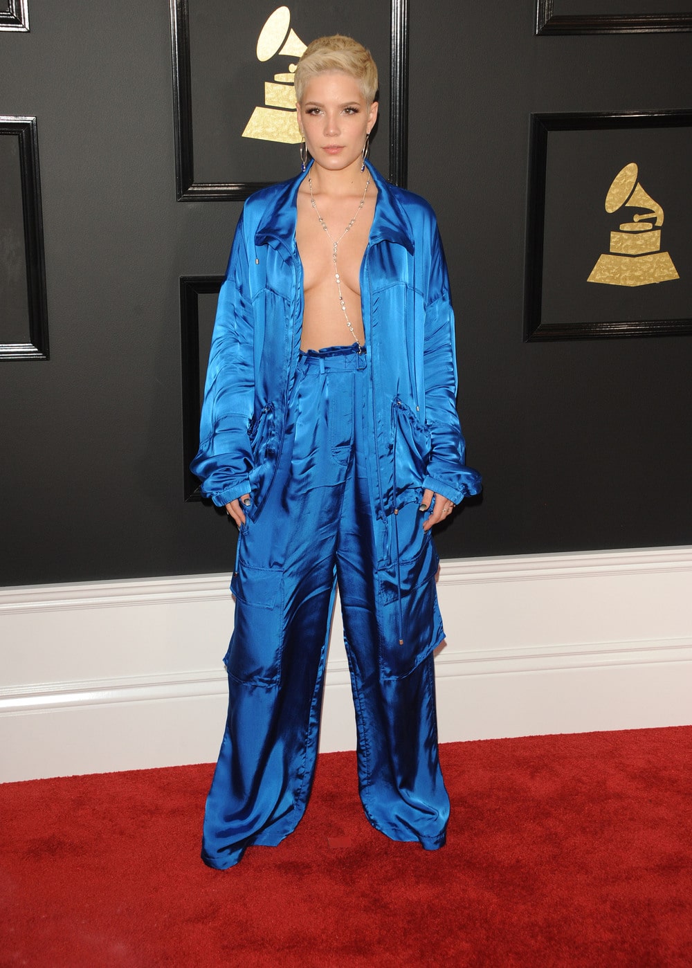 Halsey in Wijnants blue pajama suit at the 2017 Grammy Awards
