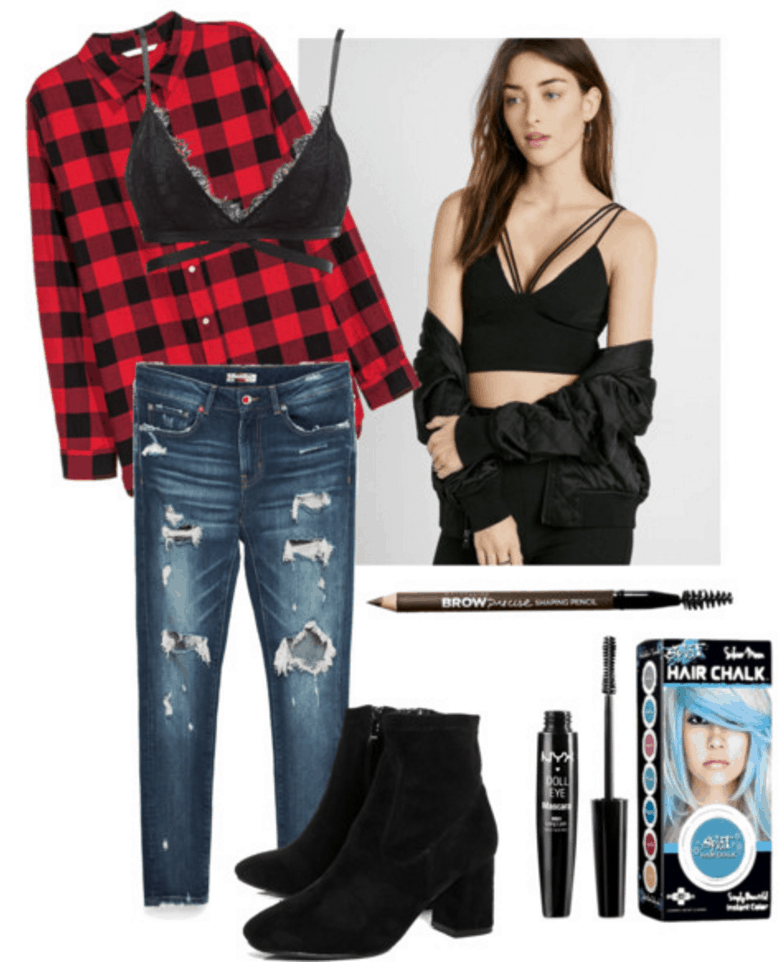 Outfit inspired by Halsey: Flannel, bralette, jeans, boots.