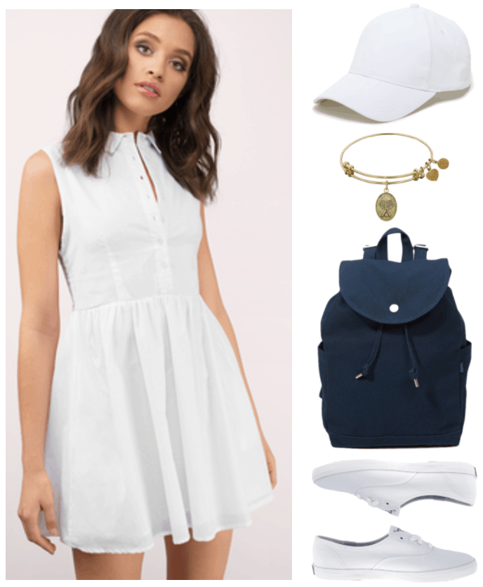 Fashion Inspired by Music Videos: "Colors," by Halsey--Outfit #1 featuring white sleeveless fit-and-flare shirt dress, white denim baseball cap, gold charm bangle with oval tennis racquet charm, navy blue drawstring backpack, and white canvas Keds sneakers
