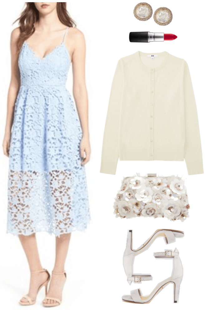 Fashion Inspired by Music Videos: "Colors," by Halsey--Outfit #3 featuring pale blue v-neck spaghetti strap lace midi dress, round crystal stud earrings, MAC Retro Matte Lipstick in Ruby Woo (red), off-white crewneck cardigan, white floral sequin, feather, bead, and crystal-embellished clutch, pale gray ankle strap heeled sandals