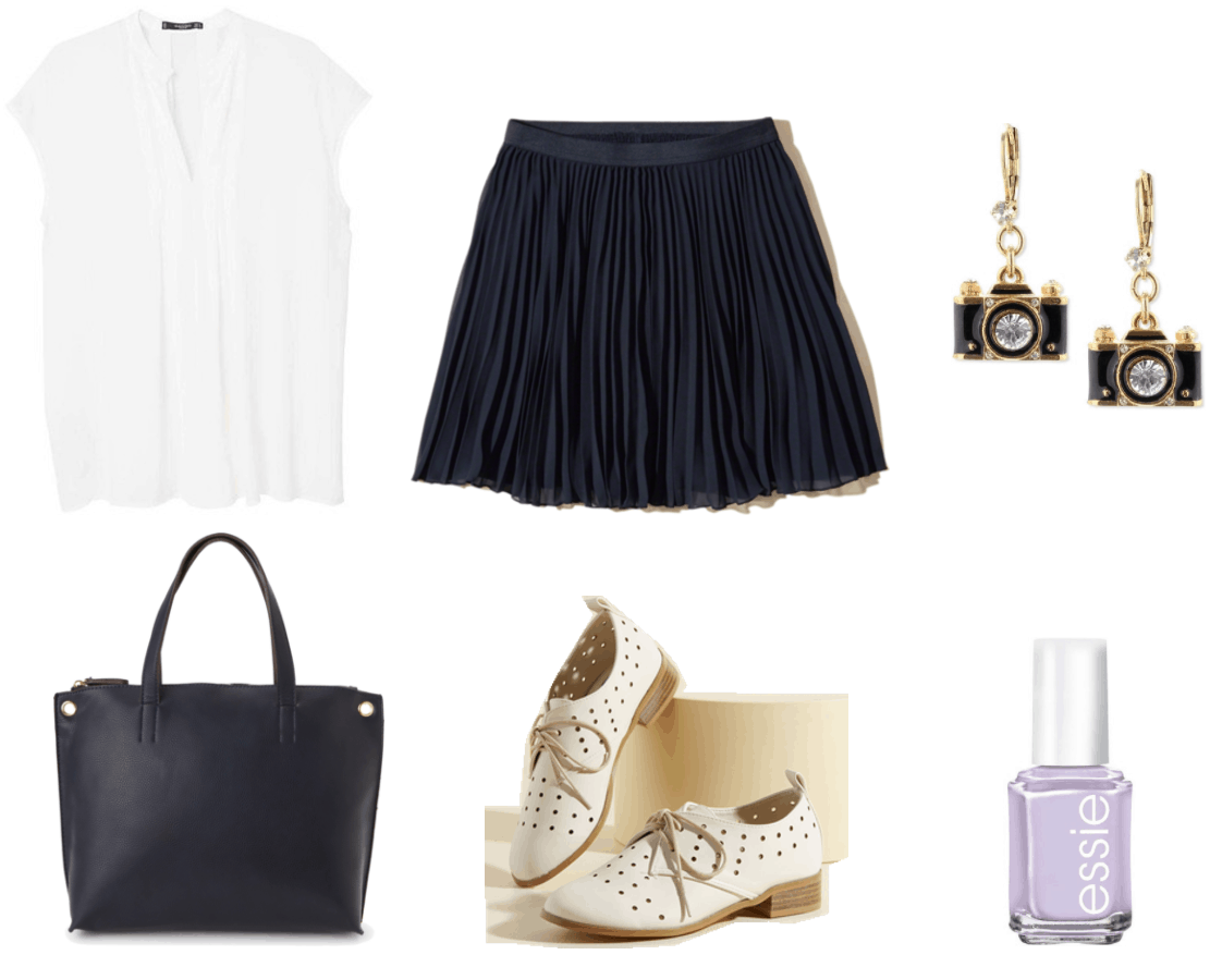 Fashion Inspired by Music Videos: "Colors," by Halsey--Outfit #4 featuring flowy white cap-sleeve blouse with pleated detail, navy blue tote, navy blue pleated skater skirt, ivory oxfords with hole-punch details and wooden heels, gold camera earrings with black enamel and crystal, Essie nail polish in Lilacism (lilac)