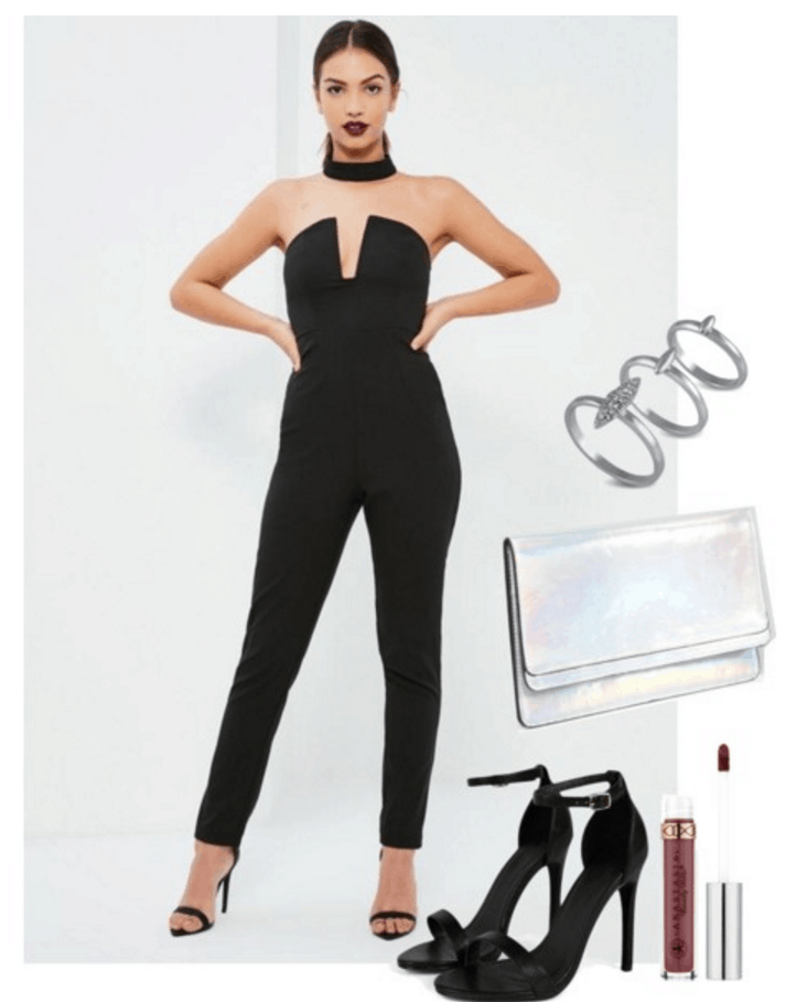 Outfit inspired by Halsey: Black jumpsuit, heels, holographic clutch.