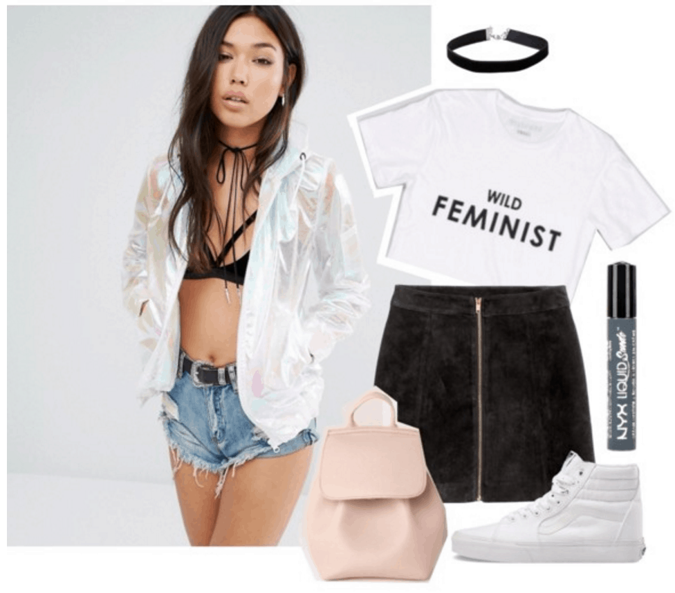 Outfit inspired by Halsey: Holographic jacket, wild feminist tshirt, zip-front suede skirt.