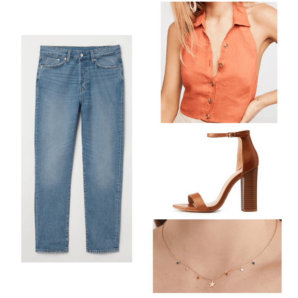 Outfit inspired by Melissa Joan Hart's outfits in the '90s: Mom jeans, coral halter top, chunky heels, charm necklace