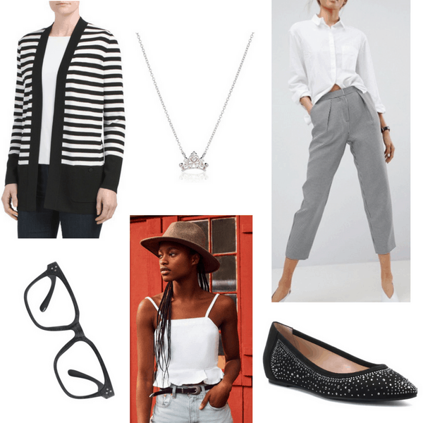 Hanna Marin from PLL x Amy from The Big Bang Theory Outfit 3: Gray cropped pants, stripe cardigan, glasses, white ruffle tank, glitter flats