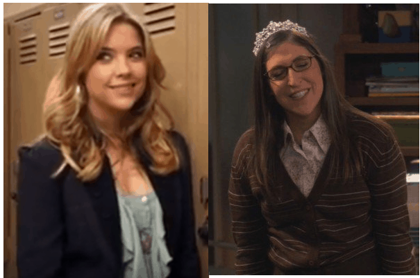 Hanna Marin in a blue ruffle top and black blazer and Amy Farrah Fowler in a brown striped cardigan and tiara