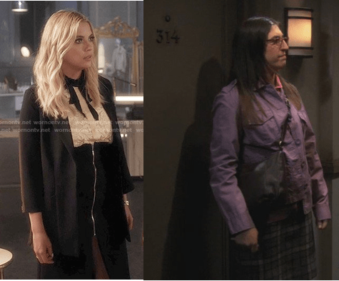 Hanna Marin in a lace top and zip-front skirt and Amy Farrah Fowler in a purple jacket and plaid skirt