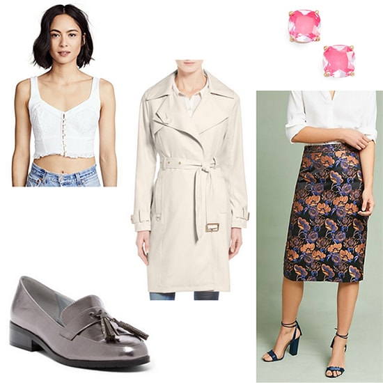 Hanna Marin x Amy Fowler outfit: White lace crop top, purple floral pencil skirt, trench coat, silver loafers, pink stud earrings