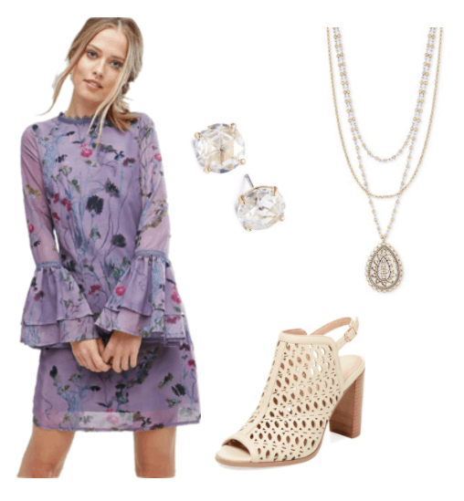 Hannah Wright Outfit Inspiration: flared sleeve lace purple floral dress, crystal stud earrings, triple layered pendant, cream open-toed, slingback bootie