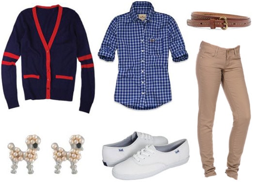 Outfit inspired by Happy Days: Khaki jeans, white sneakers, poodle earrings, varsity cardigan, plaid shirt, belt