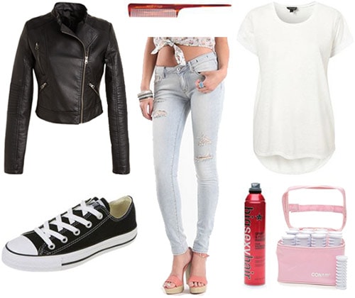 Outfit inspired by Happy Days: Light wash skinnies, white tee, motorcycle jacket, converse sneakers, hairspray and rollers