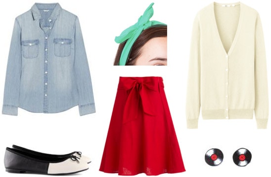 Outfit inspired by Happy Days: Red a-line skirt, beige cardigan, denim button-up shirt, vintage flats, headwrap, vinyl record earrings