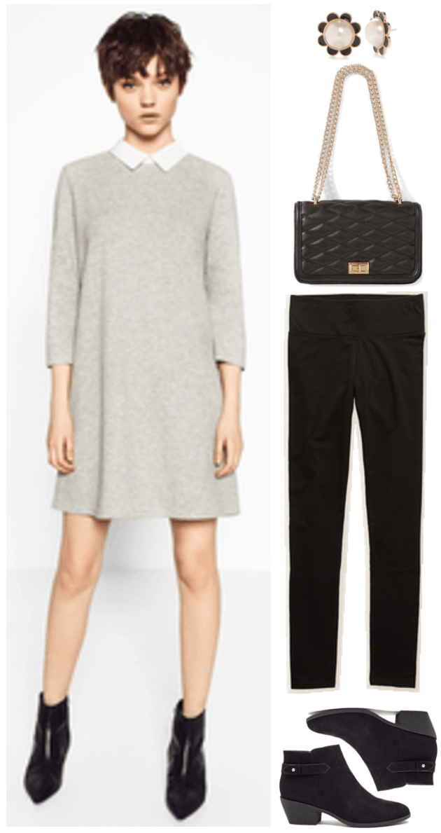 "Ask CF: How Do I make My Hard-to-Style Dresses Appropriate for Everyday Wear?" outfit #1 featuring gray three-quarter-sleeved dress with white collar, gold flower earrings with black enamel petals and faux pearl center, black quilted chain-strap cross-body bag, black high-rise leggings, and black heeled ankle boots