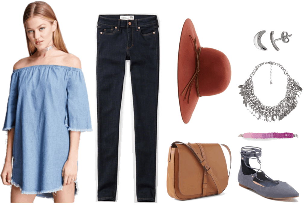 "Ask CF: How Do I Make My Hard-to-Style Dresses Appropriate for Everyday Wear?" outfit #2 featuring off-the-shoulder denim dress, dark-wash skinny jeans, rust-colored wide-brim hat with brown tie accent, large light brown saddle bag, silver crescent moon stud earrings, silver leaf statement necklace, pink-and-purple ombré beaded bracelet, and gray-ish-purple pointed-toe tie-up flats