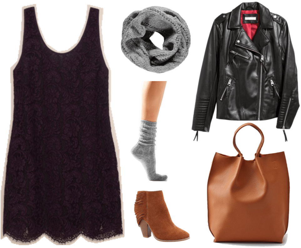 "Ask CF: How Do I Make My Hard-to-Style Dresses Appropriate for Everyday Wear?" outfit #3 featuring deep purple sleeveless lace dress, chunky gray infinity scarf, slouchy gray socks, fringed cognac-brown heeled ankle boots, black motorcycle jacket, and cognac-brown tote
