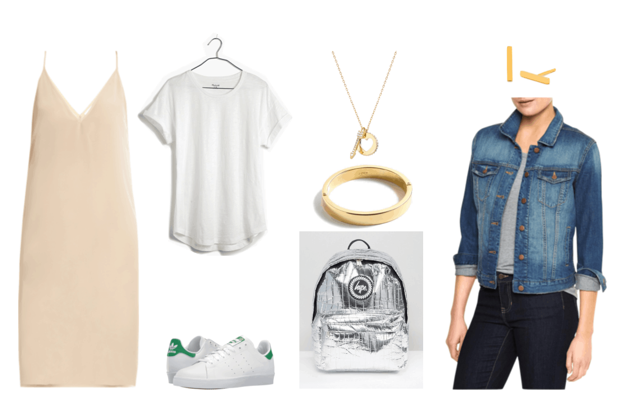 "Ask CF: How Do I Make My Hard-to-Style Dresses Appropriate for Everyday Wear?" outfit #4 featuring blush-pink v-neck slip dress, white crewneck short-sleeved t-shirt with cuffed sleeves, white sneakers with green accents, gold necklace with cutout heart and arrow pavé charms, silver metallic backpack, gold line stud earrings, and medium-wash denim jacket