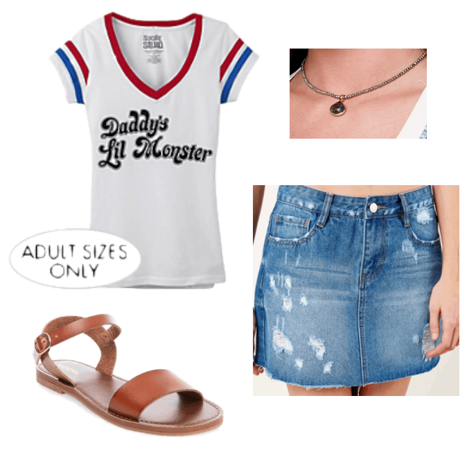 How to repurpose a halloween costume: Harley Quinn Daddy's Lil Monster tee shirt paired with a choker necklace, distressed denim mini skirt, brown sandals