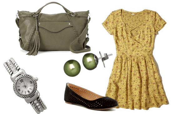 Outfit inspired by Rebecca Bunch on Crazy Ex Girlfriend tv show: yellow babydoll dress, cutout black flats, olive green bag, olive stud earrings, silver watch