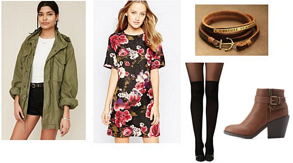 Heart of Darkness inspired outfit: Floral dress, anorak jacket, tights, ankle boots