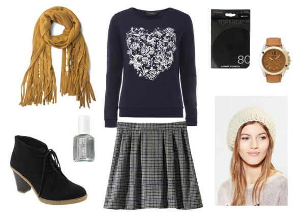 Heart sweater plaid skirt