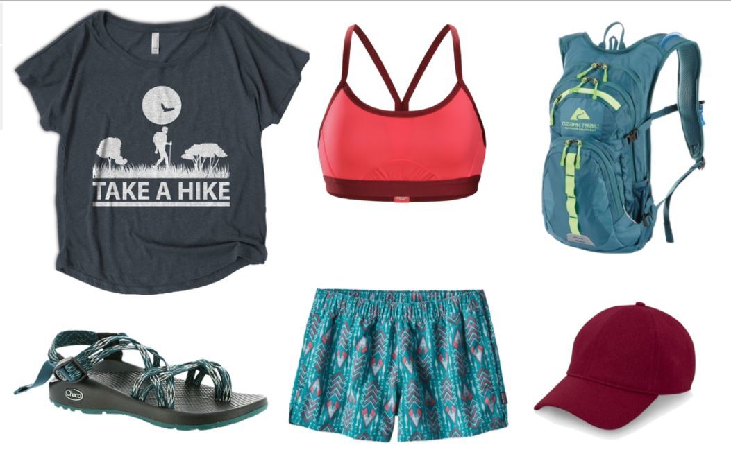 Hiking apparel for the heat: Punny t-shirt made from  lightweight material; brightly-colored sports bra; sleek backpack containing water reservoir; Chacos; patterned shorts; baseball cap