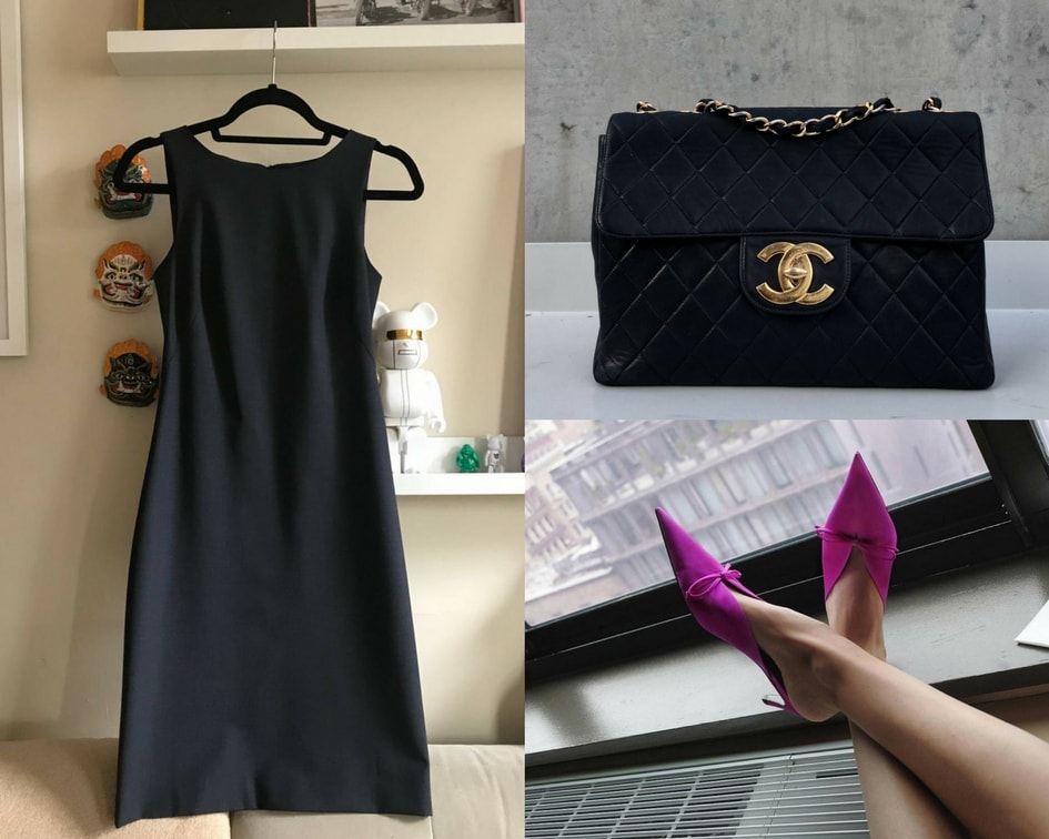 Theory dress, Chanel bag, Balenciaga mules