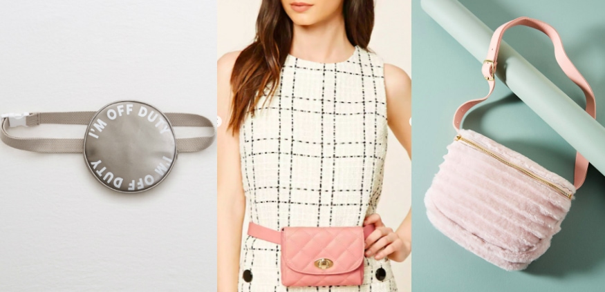 More affordable fanny packs, from left-to-right: a metallic muted silver round fanny pack from Aerie that says "I'm off duty," a small quilted pink belt bag from Forever 21, and a pink soft Shearling fur waist bag from Anthropologie.