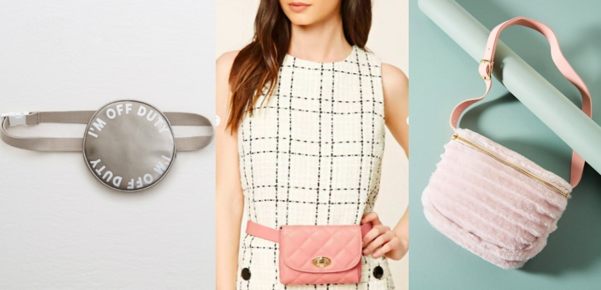 More affordable fanny packs, from left-to-right: a metallic muted silver round fanny pack from Aerie that says 