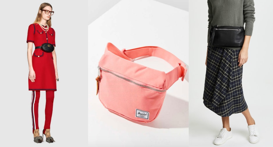 High end fanny packs are increasingly popular. From left-to-right: Gucci leather belt bag, a coral Hershel Supply Co. fanny pack from Urban Outfitters, and a large leather black Rag & Bone fanny pack with zippers.