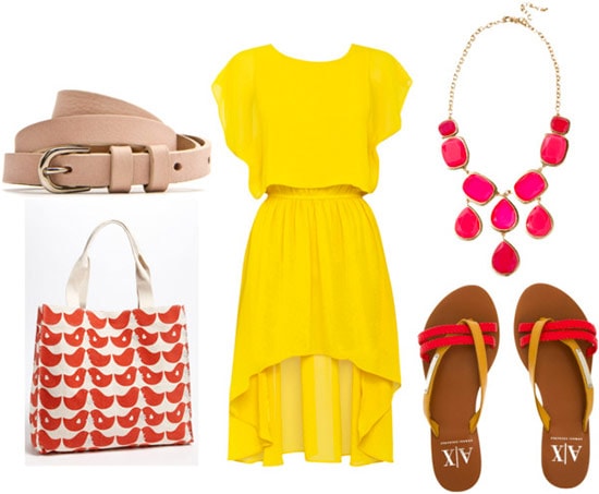 How to style a high-low hem 'mullet' dress for day with a pink statement necklace, bird print tote bag, beige belt, and colored flip flops