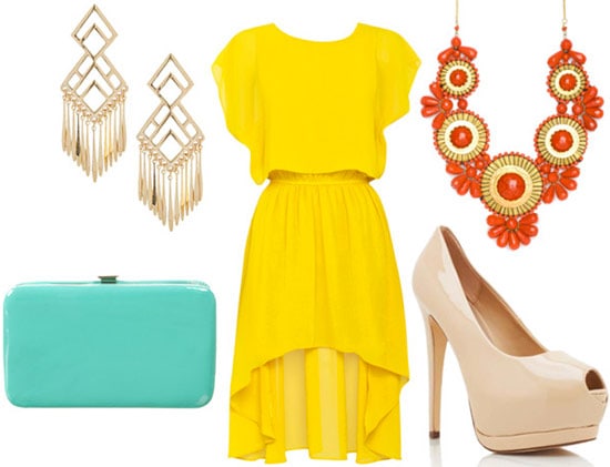 How to style a high-low hem 'mullet' dress for night with an orange statement necklace, nude pumps, gold drop earrings, and a mint clutch