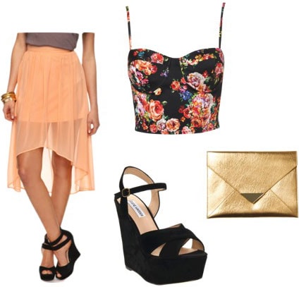 How to wear a sheer high-low peach skirt with a floral bustier-style crop top, gold metallic clutch and black wedges