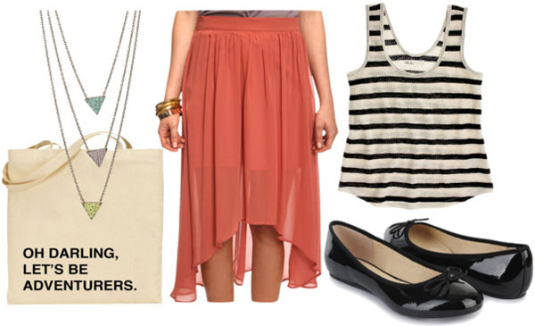How to wear a rust colored high low skirt for day with a striped tank, black flats and a tote bag
