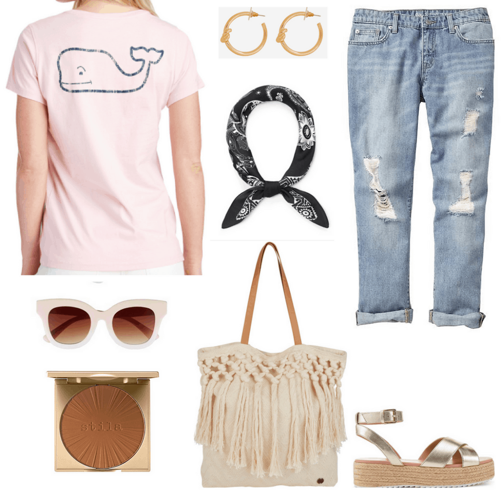 vineyard vines tee, sunglasses, bronzer, hoop earrings, bandanna, tote bag, boyfriend jeans, platform espadrilles