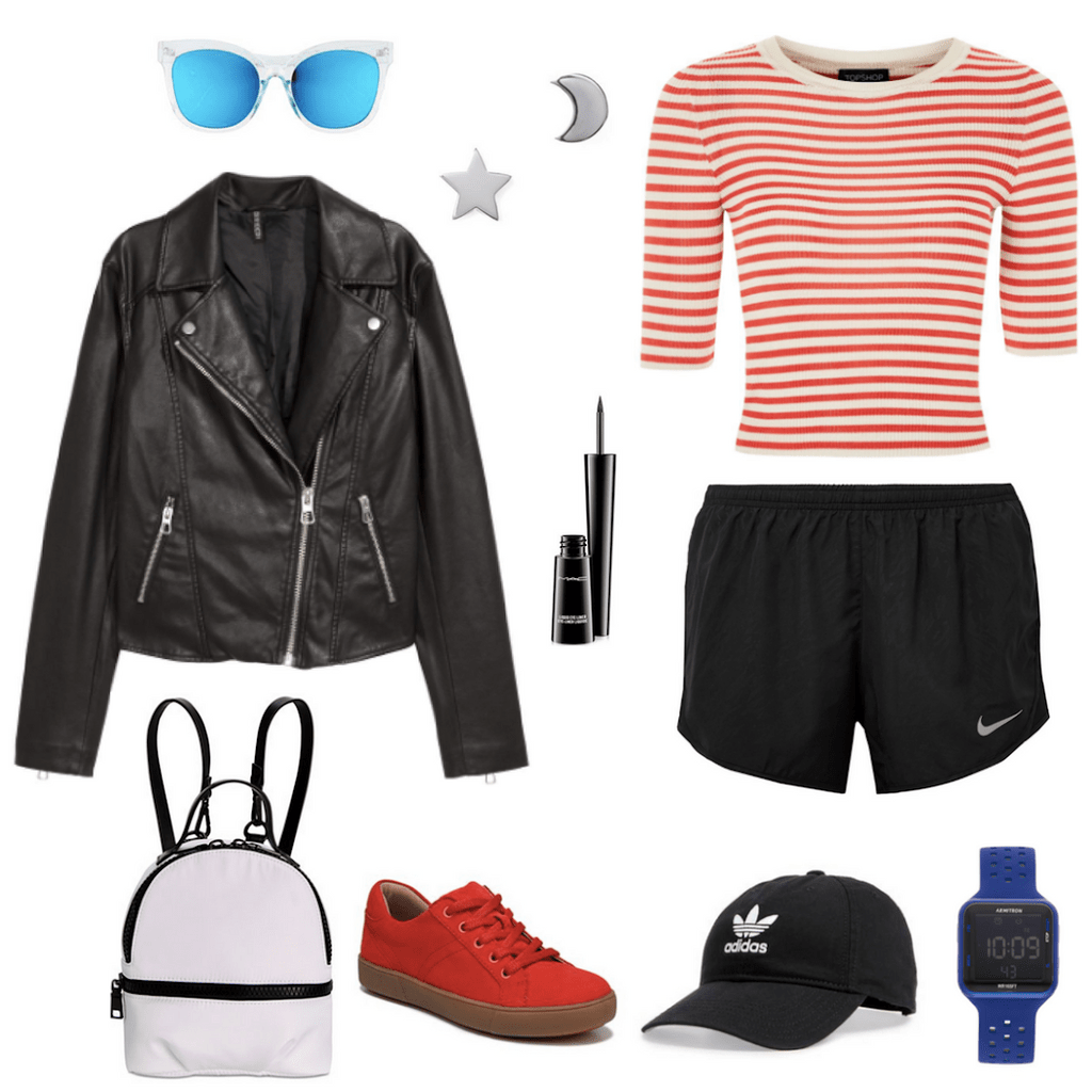blue sunglasses, leather jacket, white backpack, star and moon earrings, eyeliner, adidas hat, watch, striped tee, nike shorts, red sneakers