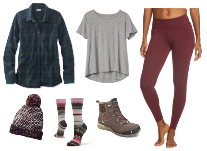 Layered hiking apparel for chilly weather: flannel button-down with a light grey undershirt; sturdy hiking boots, strippy wool socks; leggings made of wicking material, beanie