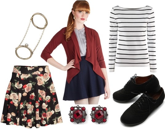 H&M floral skirt, stripe tee, draped blazer, oxfords