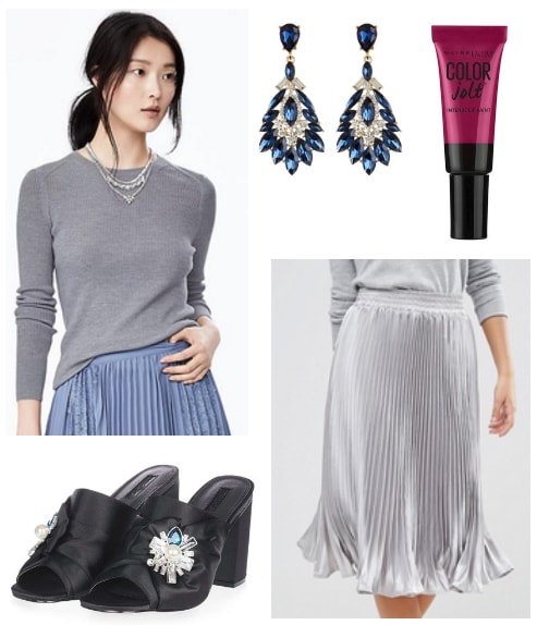 pleated metallic skirt and gray sweater holiday look