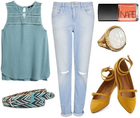 H&m lace top, boyfriend jeans, mustard flats