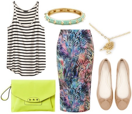 H&m stripe tank top, midi skirt, ballet flats, neon clutch