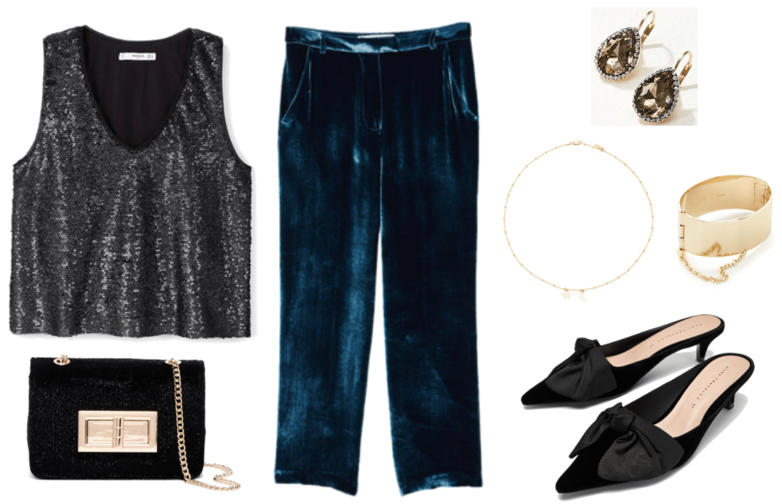 Black sequined sleeveless v-neck top, black faux calf-hair clutch with gold chain-strap and turn-lock, deep blue pleated velvet pants, gold teardrop drop earrings with brown stone and clear pavé stones, gold beaded chain necklace with star and moon, wide gold cuff bracelet with chain and "Actually, I can" engraving on inside, black pointed-toe kitten heel mules with large black bow at front