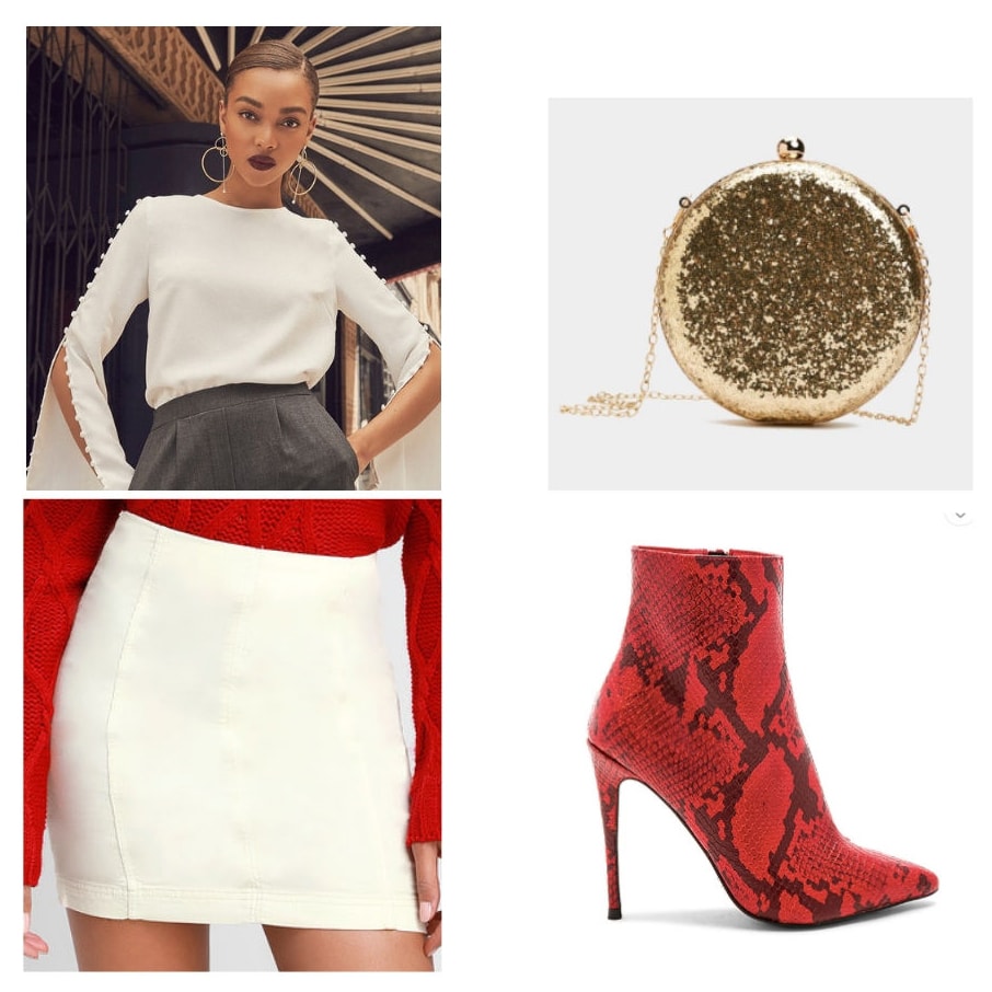 Holiday party outfit idea with white sweater, white mini skirt, gold glitter circle chain strap bag, and red snakeskin ankle boots