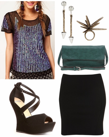 Hologram blouse, bodycon skirt, wedges