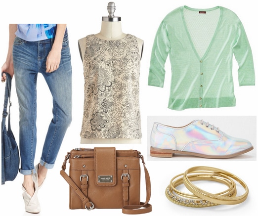 Hologram oxfords, boyfriend jeans, cardigan