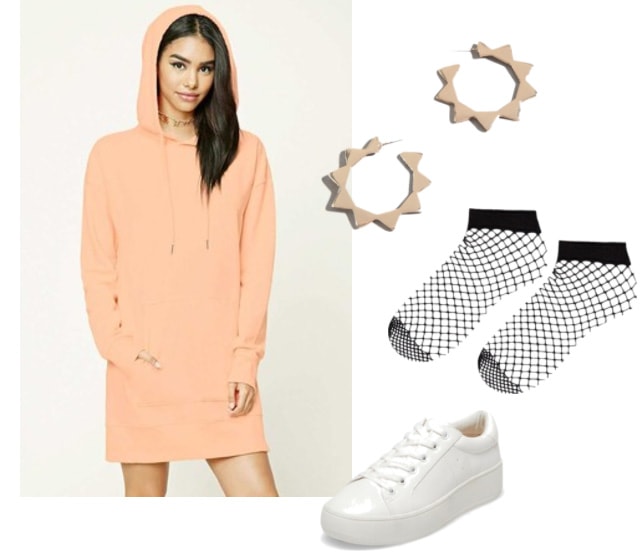 Hooded sweatshirt dress outfit: Coral pink sweatshirt dress with geometric hoop earrings and white platform sneakers