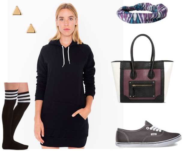 How to wear a hoodie dress for daytime with knee-high socks, sneakers, a cool tote bag, and a headband