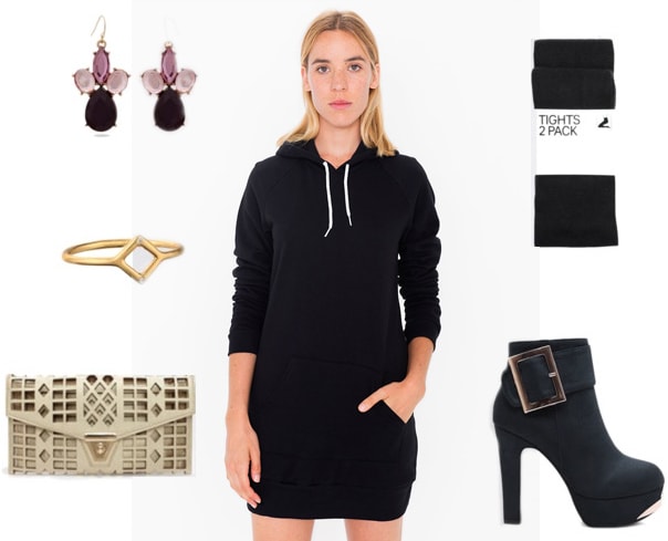 How to wear a hoodie dress at night with ankle boots, a clutch, and tights