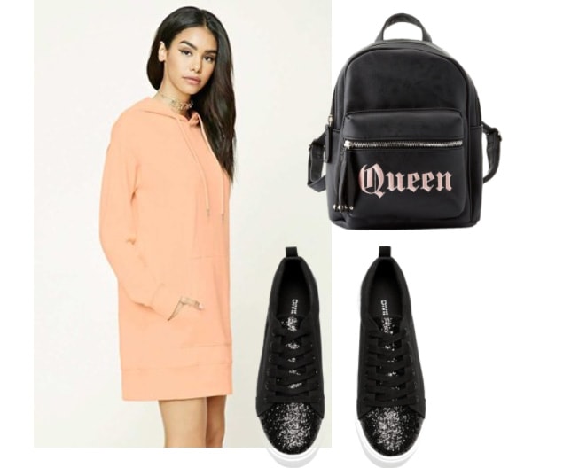 Hooded sweatshirt dress outfit: Coral pink sweatshirt dress with black backpack that reads 