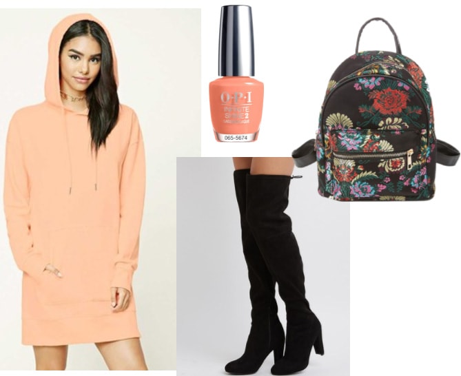 Hooded sweatshirt dress outfit: Coral pink sweatshirt dress with suede over-the-knee boots, floral backpack, coral nail polish