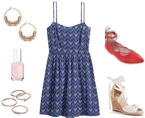 blue sundress blood orange lace-up flats white lace-up espadrilles ornamental earrings essie pink polish stackable rings